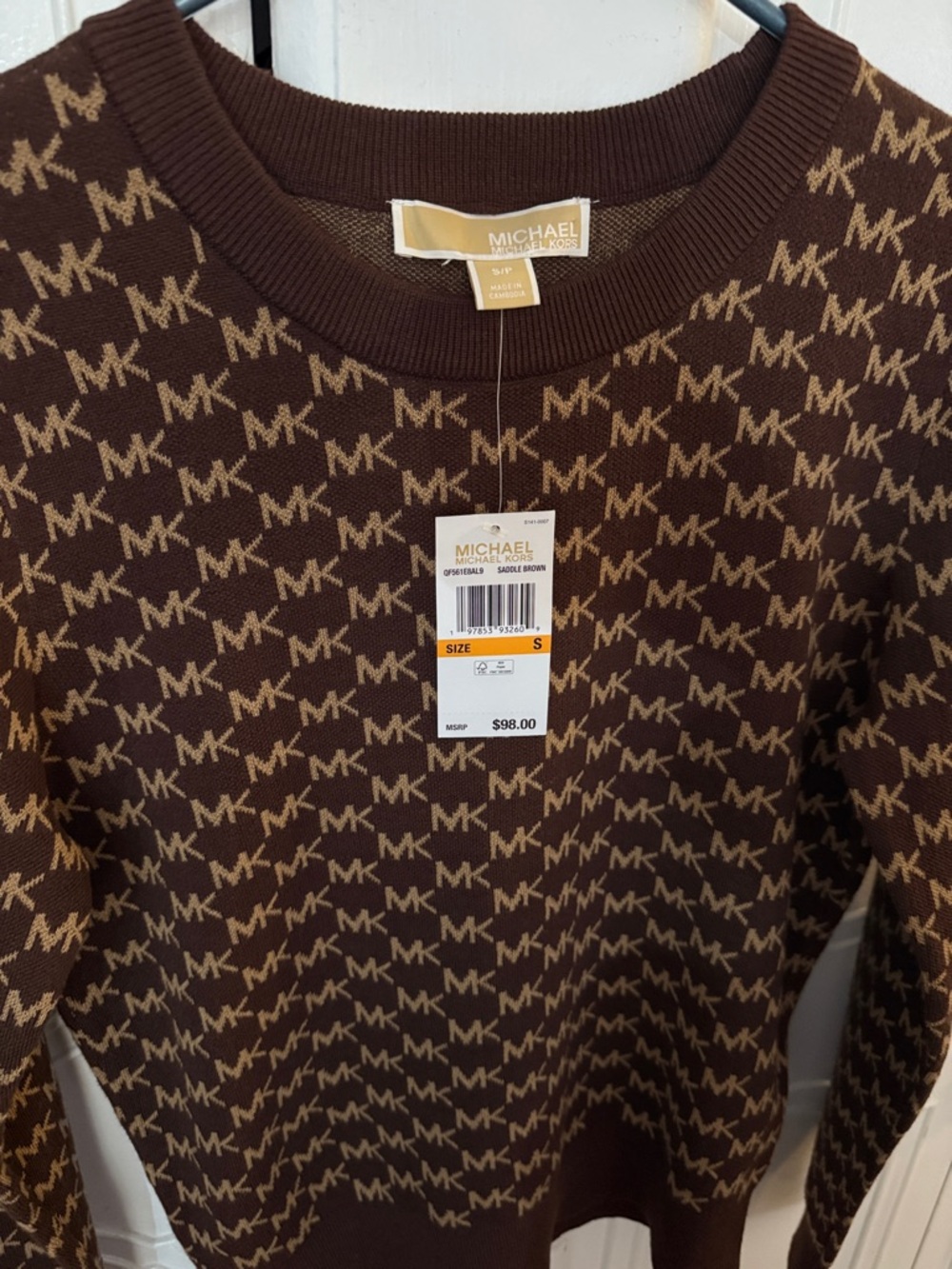 Michael Kors Brown and Tan MK Logo Crewneck Sweater